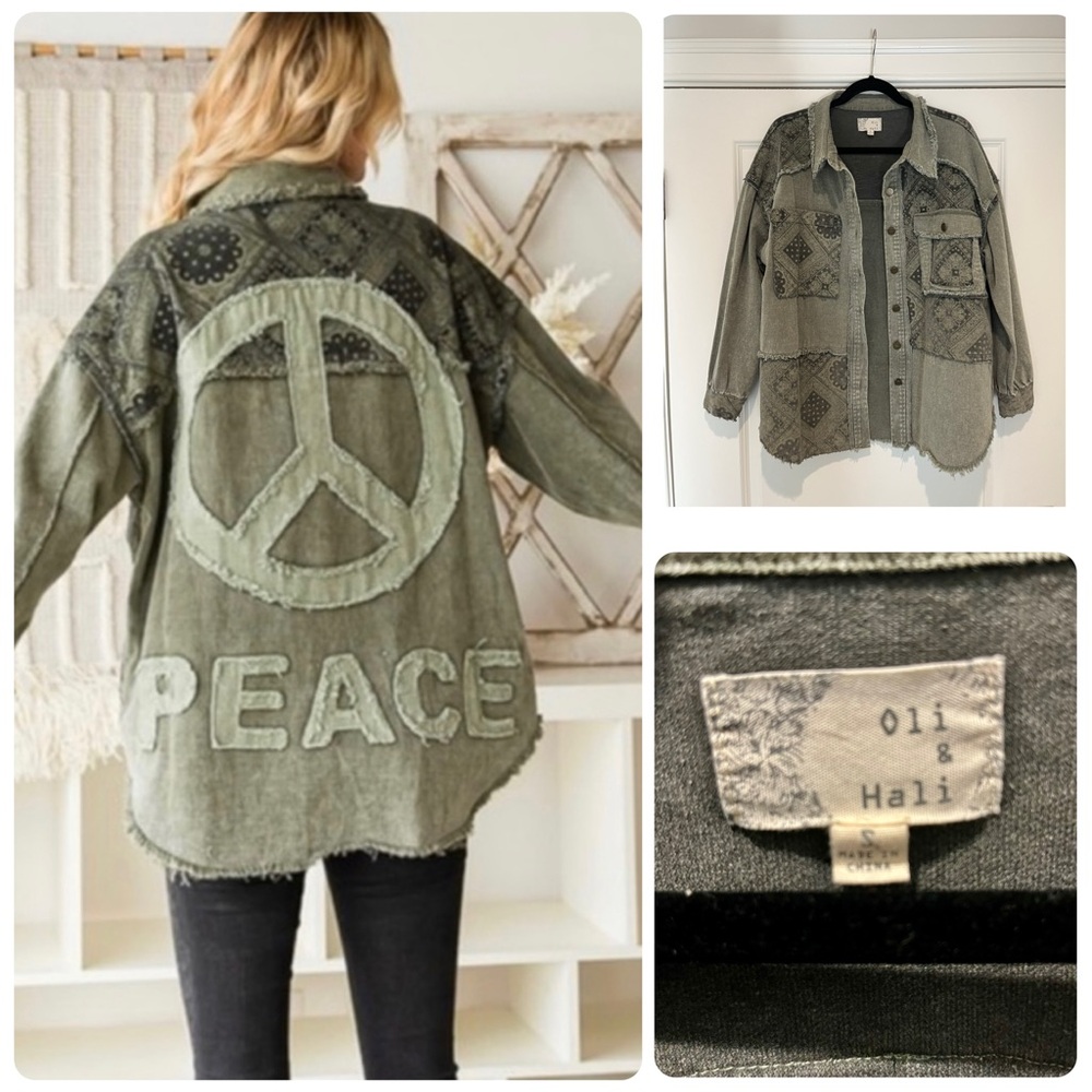 Oli & Hali Peace Out Soft Oversized Denim Patchwork Shirt Jacket. Olive - Green - Picture 2 of 16
